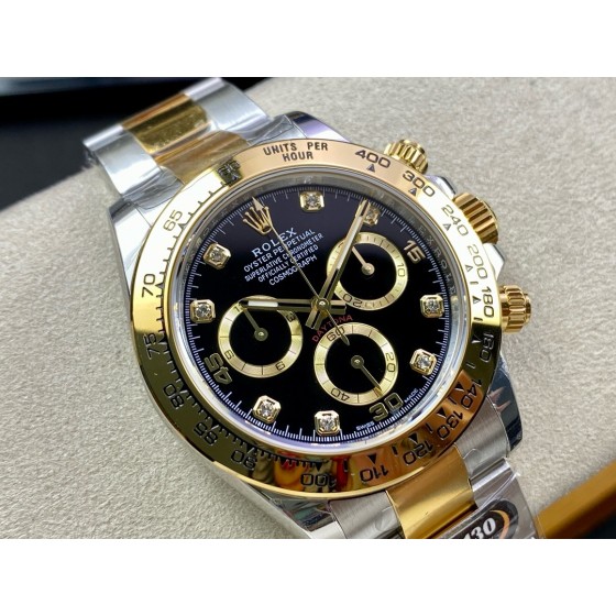 Rolex Daytona series, diamond-set black dial, gold bezel, silver case, 40mm, gold and silver Oyster bracelet.